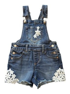 Jordache Girls Denim Overall Shorts Lace Floral XS 4 5 Jean Shortalls